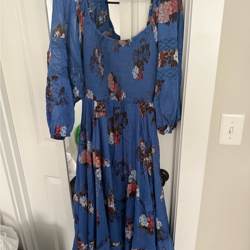 Free People Blue Sundress with Bishop Sleeves and Scoop Neck